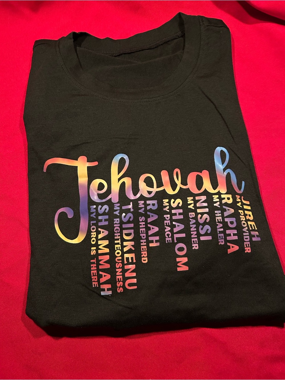 NWT Women’s Black Jehovah Rainbow Script Short Sleeve Tee - Casual Graphic Top